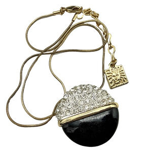 Vintage Anne Klein Necklace Pave Clear Crystal Black Enamel Gold Tone 19in Chain
